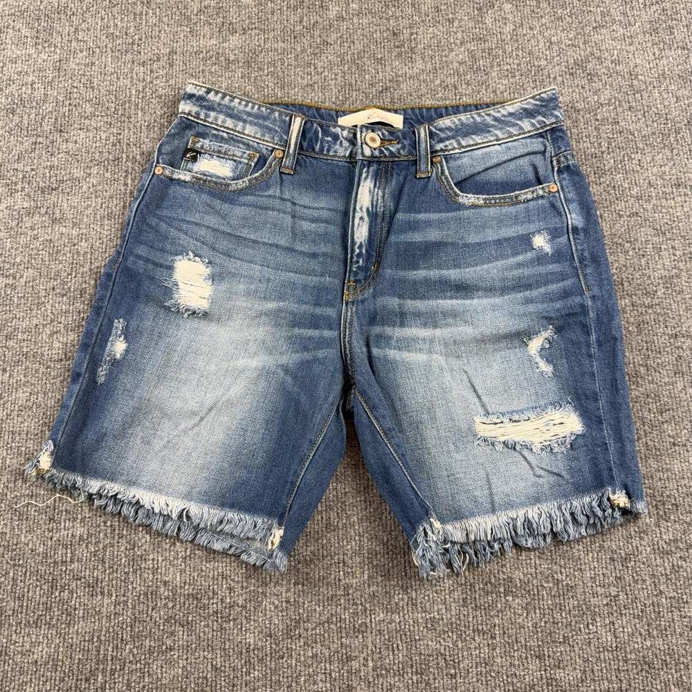 KanCan Shorts Womens Small Blue Denim Bermuda Distressed Raw Frayed Hem Stretch